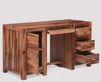 Chicago Solid Wood Writing Study Table, Study Laptop Desk with Three Drawers, One Door & Keyboard Try - Study Table - Furniselan - Rustic-Teak-Finish