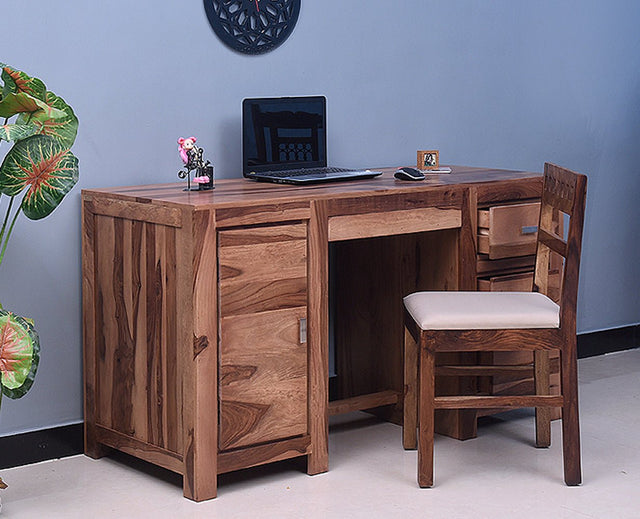 Chicago Solid Wood Writing Study Table, Study Laptop Desk with Three Drawers, One Door & Keyboard Try With Chair - Study Table - Furniselan  Rustic-Teak-Finish
