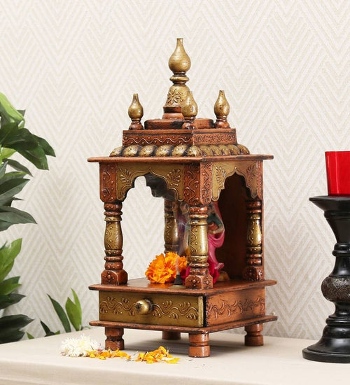 Copper Mango Wood Pooja Mandir Without Door. - Furniselan