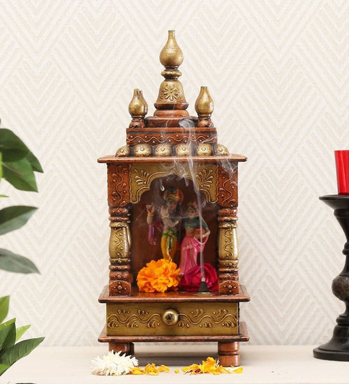 Copper Mango Wood Pooja Mandir Without Door. - Furniselan