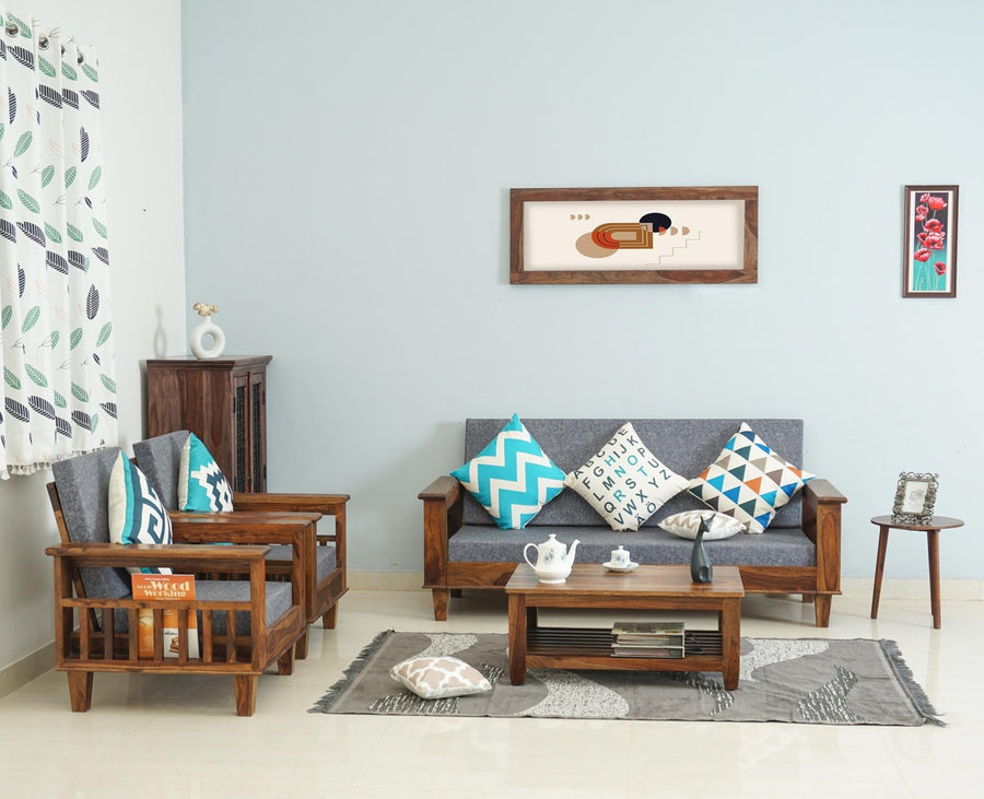 Cuttack Sheesham Wood 5 Seater Sofa With Coffee Table-3+1+1+Table - Furniselan  - Teak-Finish