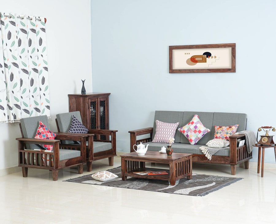 Cuttack Sheesham Wood 5 Seater Sofa With Coffee Table-3+1+1+Table - Furniselan  - Grey-Finish