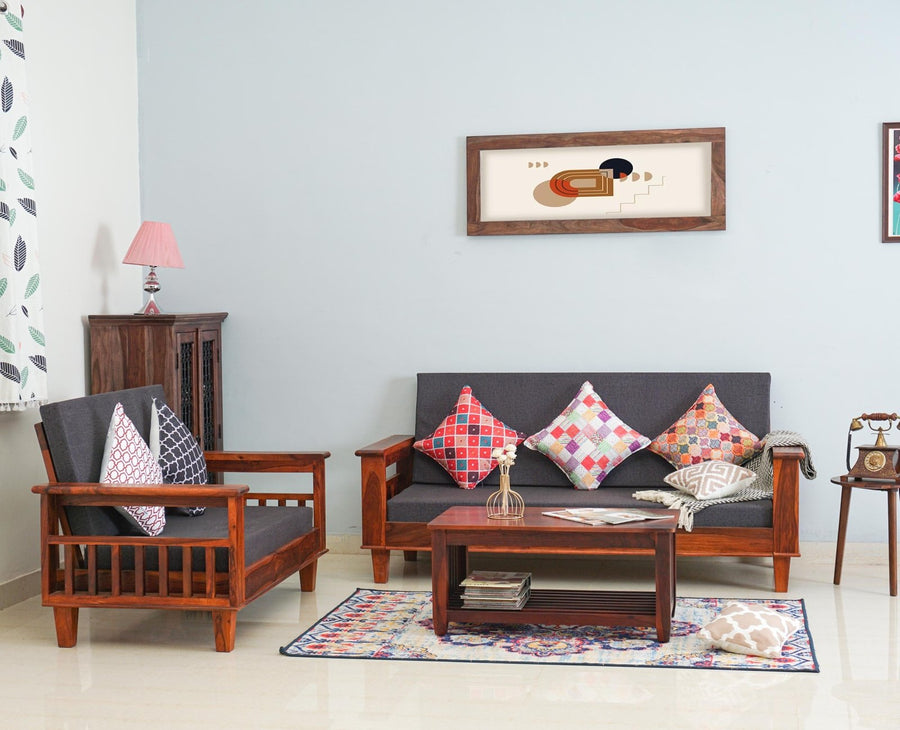Cuttack Sheesham Wood 5 Seater Sofa With Coffee Table-3+2+Table - Furniselan - Maple-Finish