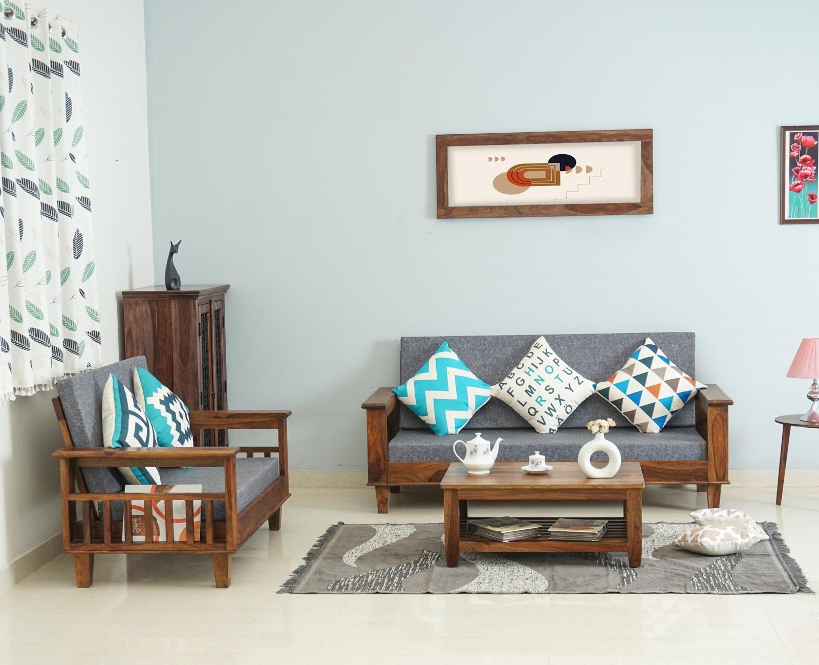 Cuttack Sheesham Wood 5 Seater Sofa With Coffee Table-3+2+Table - Furniselan - Teak-Finish