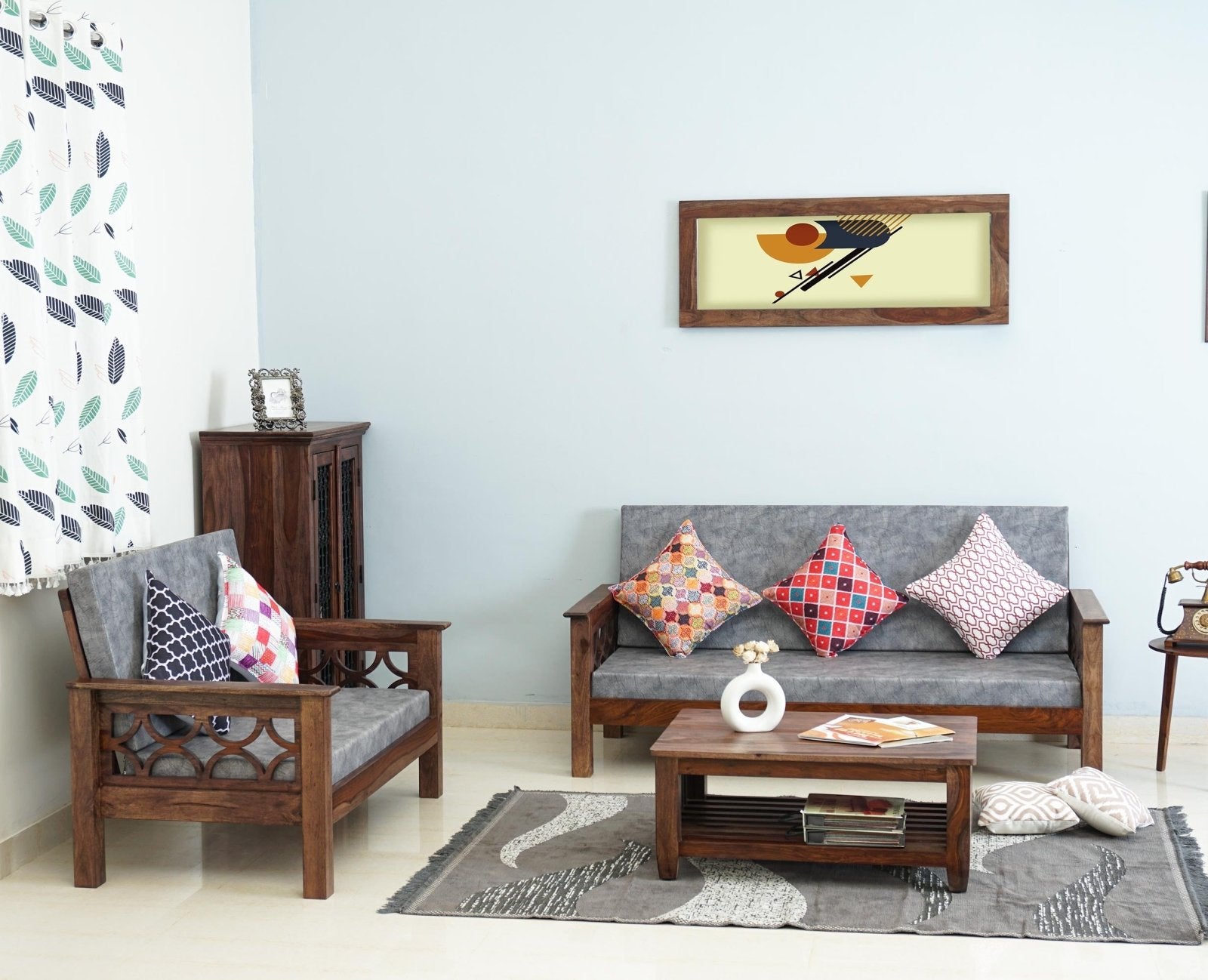 Delhi Sheesham Wood 5 Seater Sofa With Coffee Table-3+2+Table - sofa - Furniselan - Grey-Finish