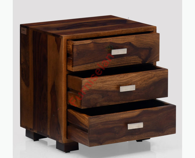 Denver Solid Wood Three Drawer Bedside Table Furniselan-Teak-Finish