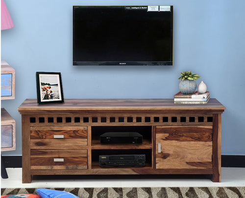 Dhaka Solid Wood Two Doors & Door Tv Cabinet-Rustic Teak Finish - Tv Cabinet - Furniselan-Rustic-Teak-Finish