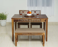 Frankfurt Sheesham Wood 4 Seater Dining Table Set with 2 Chair & 1 Bench for Dining Room - Dining Set - Furniselan - Rustic-Teak-Finish