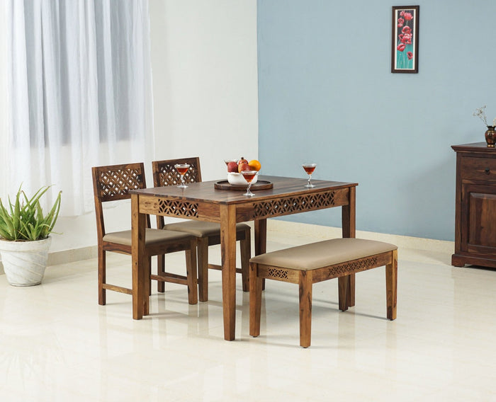 Frankfurt Sheesham Wood 4 Seater Dining Table Set with 2 Chair & 1 Bench for Dining Room - Dining Set - Furniselan
