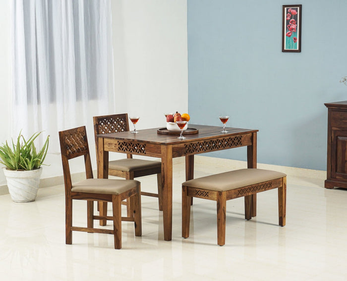Frankfurt Sheesham Wood 4 Seater Dining Table Set with 2 Chair & 1 Bench for Dining Room - Dining Set - Furniselan