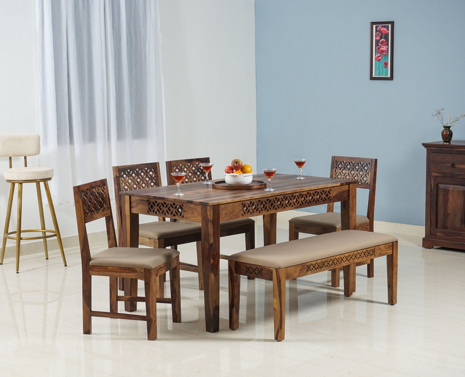 Frankfurt Sheesham Wood 6 Seater Dining Table Set with 4 Chair & 1 Bench for Dining Room - Dining Set - Furniselan - Rustic-Teak-Finish