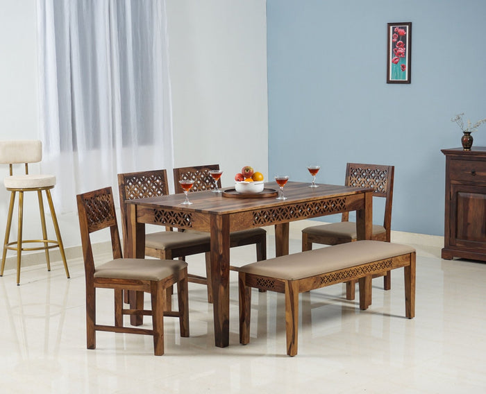 Frankfurt Sheesham Wood 6 Seater Dining Table Set with 4 Chair & 1 Bench for Dining Room - Dining Set - Furniselan