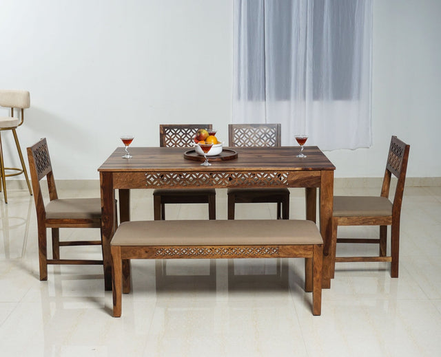 Frankfurt Sheesham Wood 6 Seater Dining Table Set with 4 Chair & 1 Bench for Dining Room - Dining Set - Furniselan - Rustic-Teak-Finish