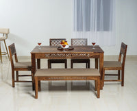 Frankfurt Sheesham Wood 6 Seater Dining Table Set with 4 Chair & 1 Bench for Dining Room - Dining Set - Furniselan - Rustic-Teak-Finish