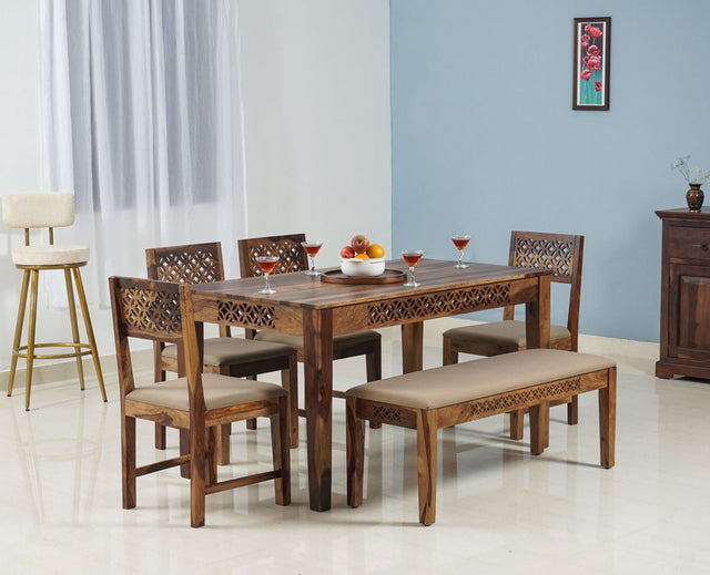 Frankfurt Sheesham Wood 6 Seater Dining Table Set with 4 Chair & 1 Bench for Dining Room - Dining Set - Furniselan - Rustic-Teak-Finish