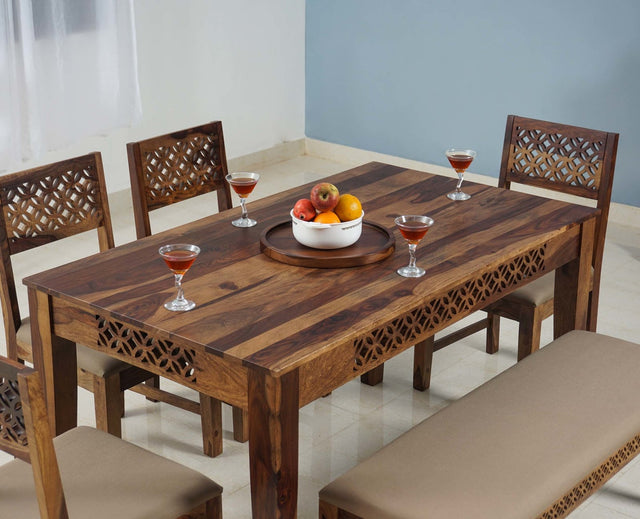 Frankfurt Sheesham Wood 6 Seater Dining Table Set with 4 Chair & 1 Bench for Dining Room - Dining Set - Furniselan - Rustic-Teak-Finish