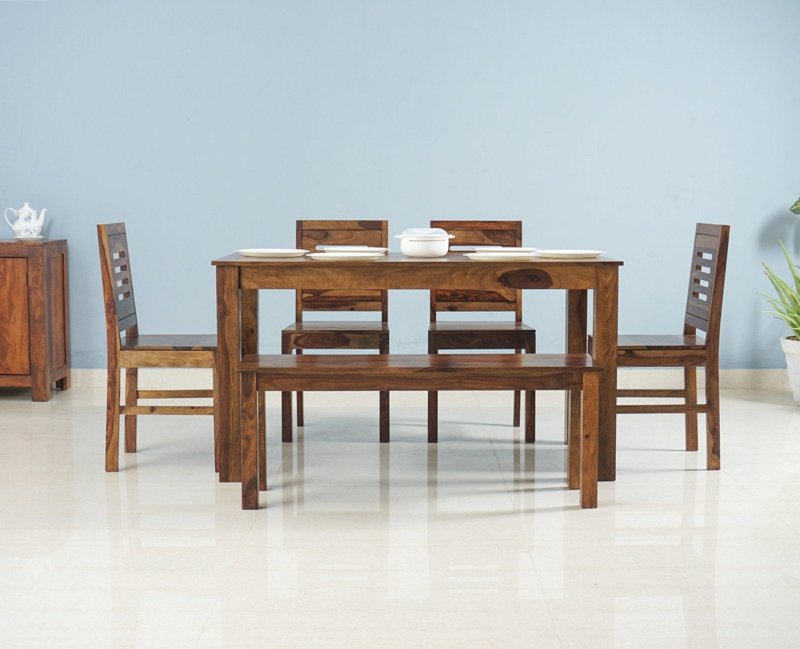 Buy Sheesham Wood 6 Seater Dining Table Set with 4 Chair & Becnch for Dining Room Online on