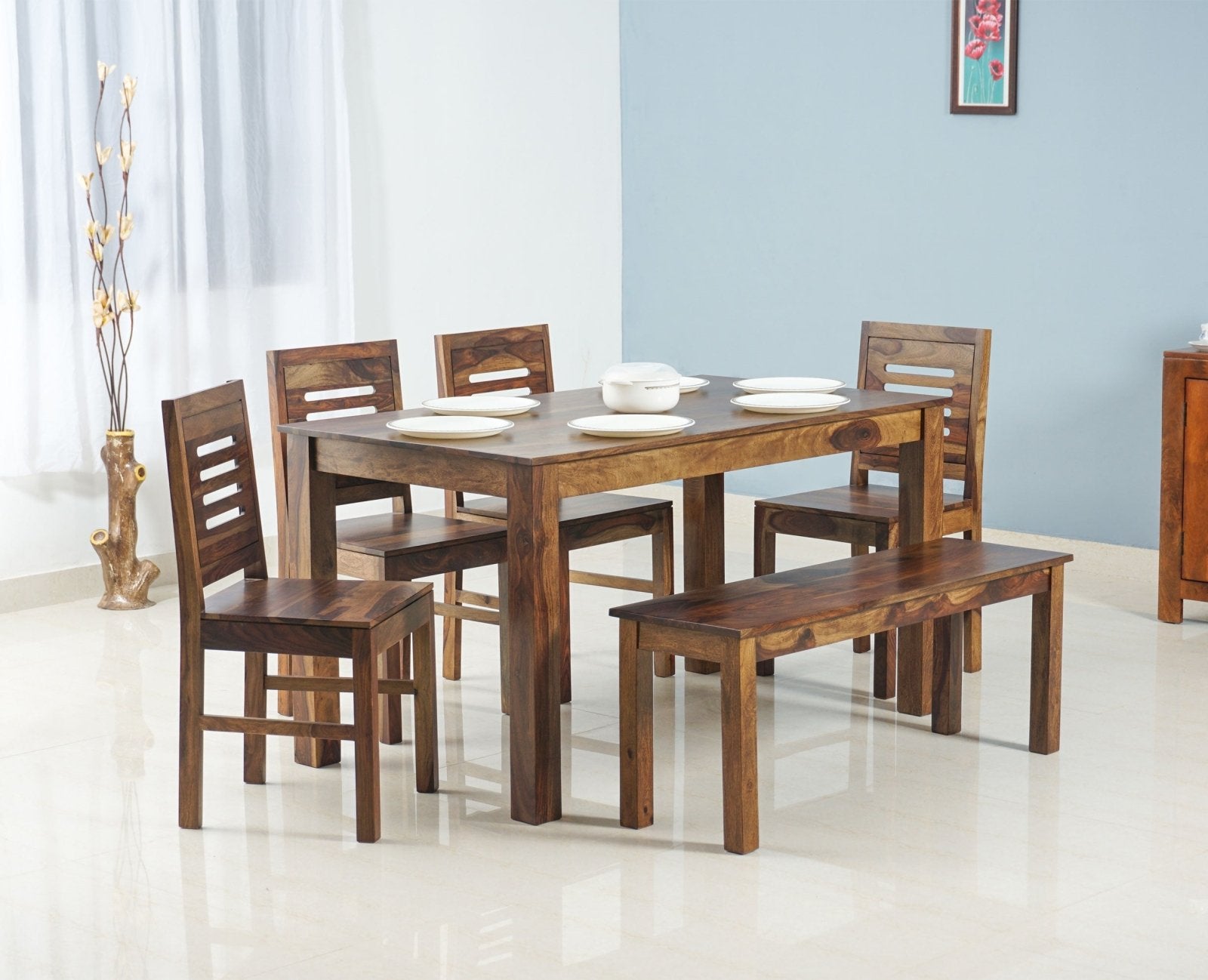 Buy Sheesham Wood 6 Seater Dining Table Set with 4 Chair & Becnch for Dining Room Online on