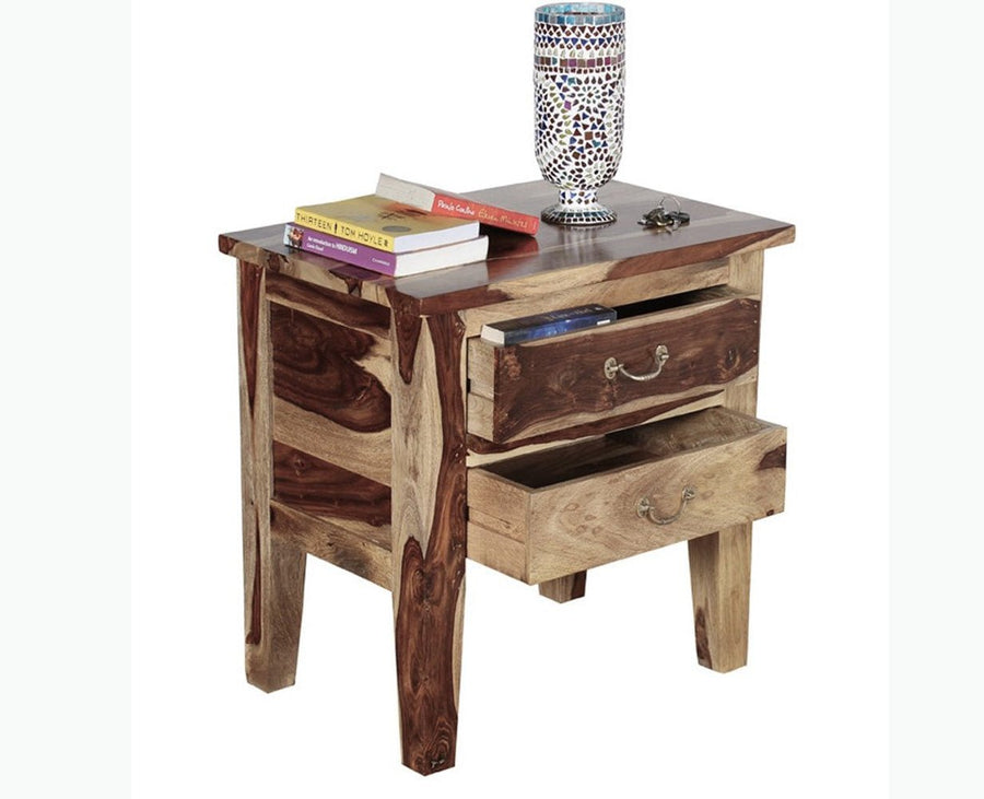 Jalandhar Wooden Two Drawers Bedside Table - Bedside Table - Furniselan - Rustic-Teak-Finish
