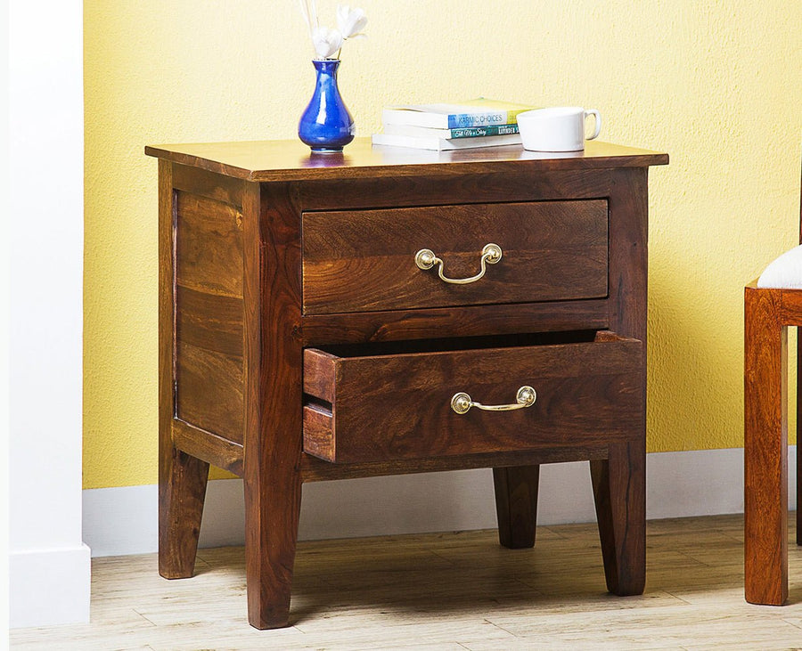 Jalandhar Wooden Two Drawers Bedside Table - Bedside Table - Furniselan - Teak Finish