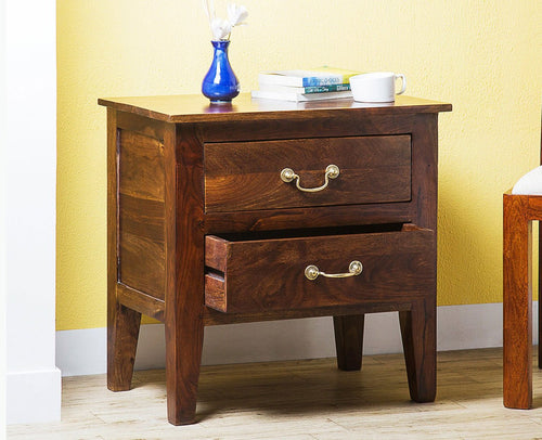 Jalandhar Wooden Two Drawers Bedside Table - Bedside Table - Furniselan - Teak Finish