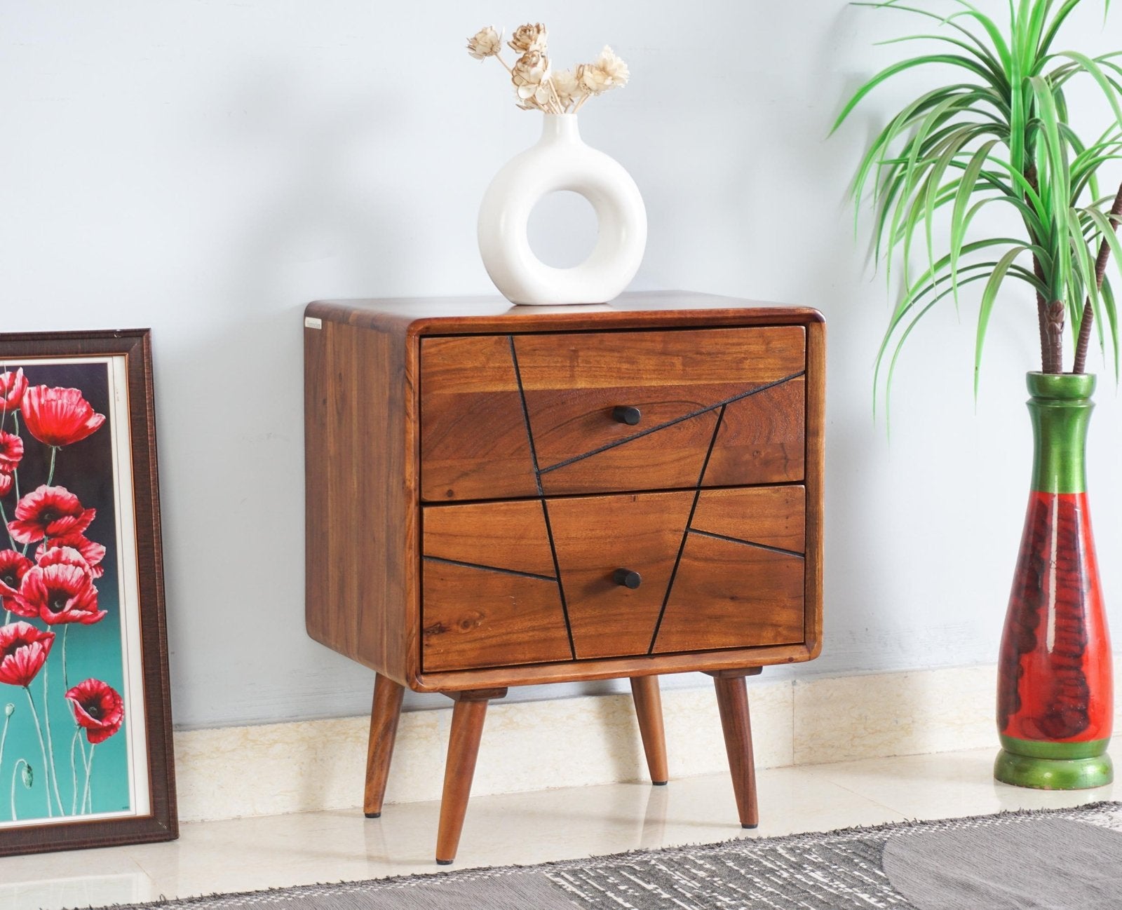 Kolkata Solid Wood Bedside table with Two Drawer - Bedside Table - Furniselan - Teak-Finish