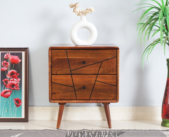 Kolkata Solid Wood Bedside table with Two Drawer - Bedside Table - Furniselan - Teak-Finish