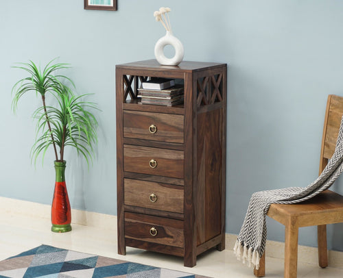 Krishna Solid Wood Tall 4 Drawer Chest Of Drawer - Chest of Drawer - Furniselan - Grey-Finish