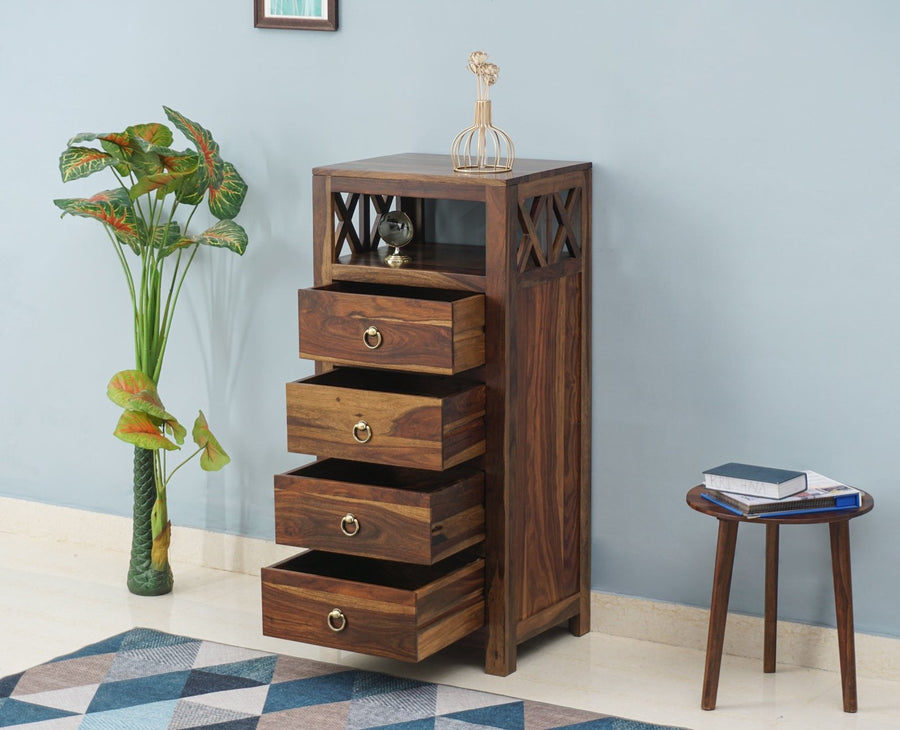 Krishna Solid Wood Tall 4 Drawer Chest Of Drawer - Chest of Drawer - Furniselan - Teak-Finish