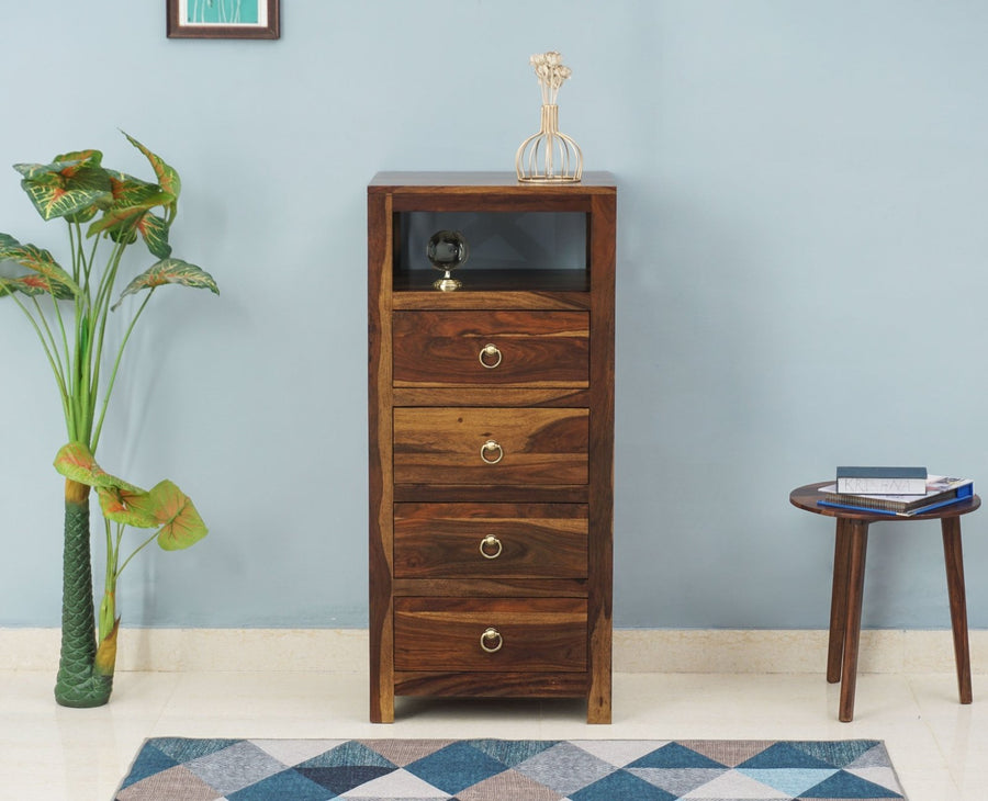 Krishna Solid Wood Tall 4 Drawer Chest Of Drawer - Chest of Drawer - Furniselan - Teak-Finish