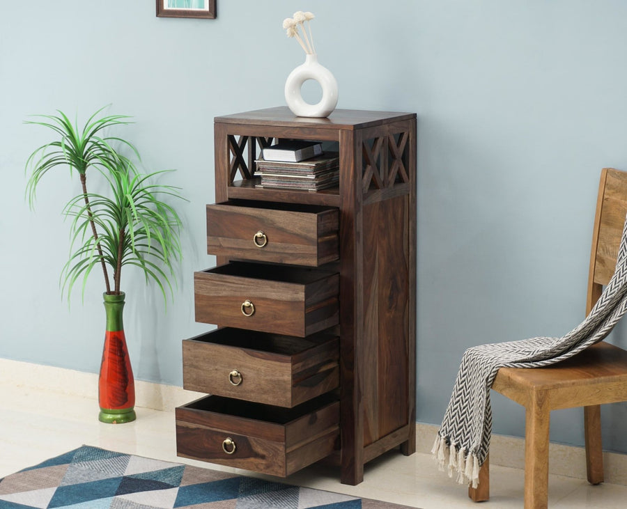 Krishna Solid Wood Tall 4 Drawer Chest Of Drawer - Chest of Drawer - Furniselan - Grey-Finish