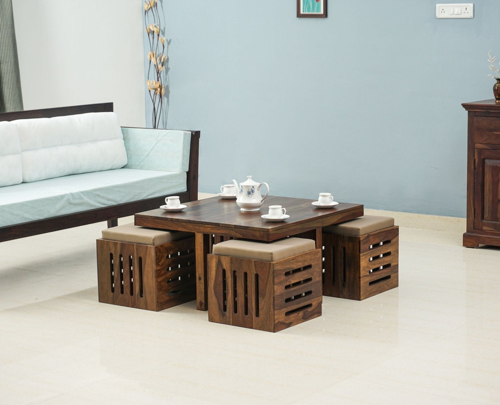 La Paz Sheesham Wood Coffee Table Set with Four Stools