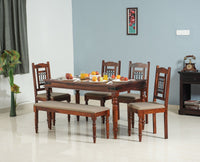 Madurai Sheesham Wood 6 Seater Dining Table Set with 4 Chair & 1 Bench for Dining Room - Dining Set - Furniselan - Maple-Finish