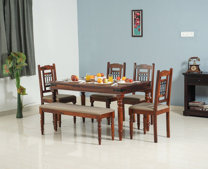 Madurai Sheesham Wood 6 Seater Dining Table Set with 4 Chair & 1 Bench for Dining Room - Dining Set - Furniselan