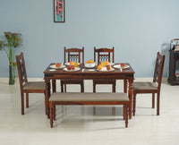 Madurai Sheesham Wood 6 Seater Dining Table Set with 4 Chair & 1 Bench for Dining Room - Dining Set - Furniselan - Maple-Finish