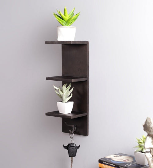 Mango Wood Floating Wall Shelf with Key Holder in Black colour - Furniselan