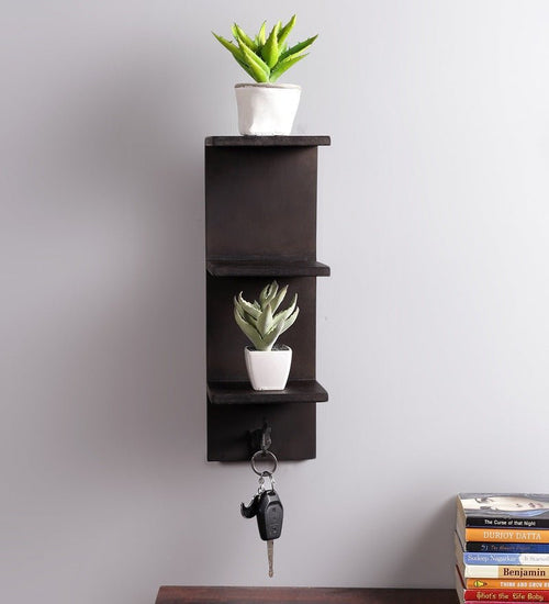 Mango Wood Floating Wall Shelf with Key Holder in Black colour - Furniselan