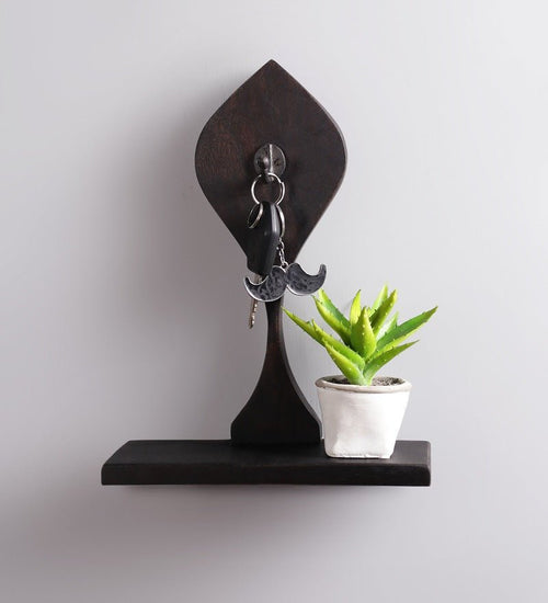 Mango Wood Floating Wall Shelf with Key Holder in Brown colour - Furniselan