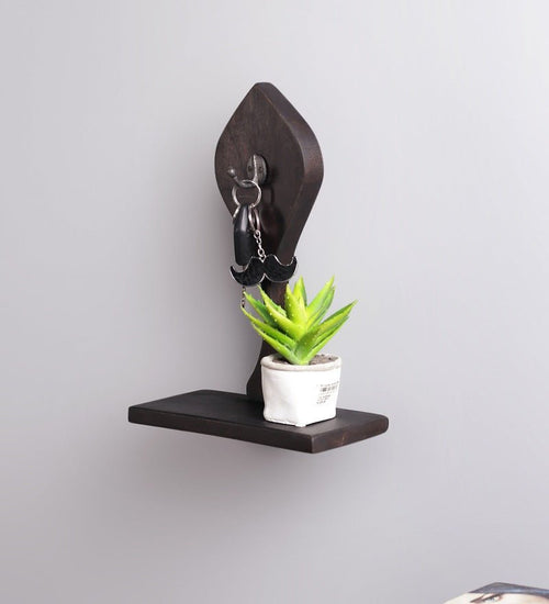 Mango Wood Floating Wall Shelf with Key Holder in Brown colour - Furniselan