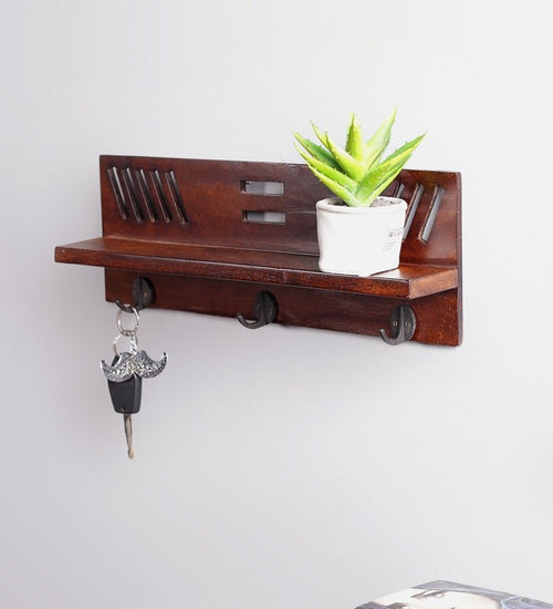 Mango Wood Floating Wall Shelf with Key Holder in Brown colour - Furniselan