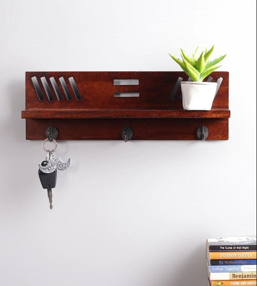 Mango Wood Floating Wall Shelf with Key Holder in Brown colour - Furniselan