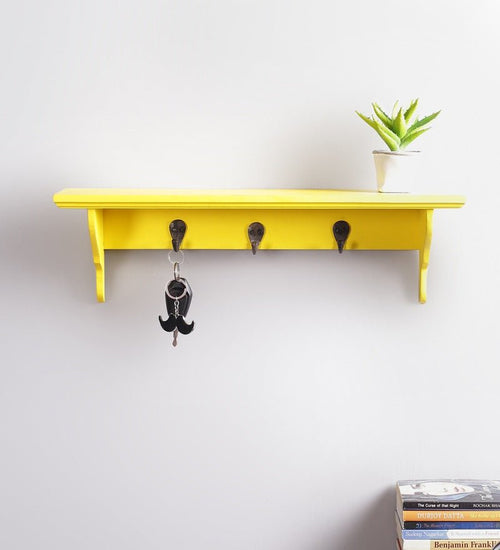 Mango Wood Floating Wall Shelf with Key Holder in Yellow colour - Furniselan