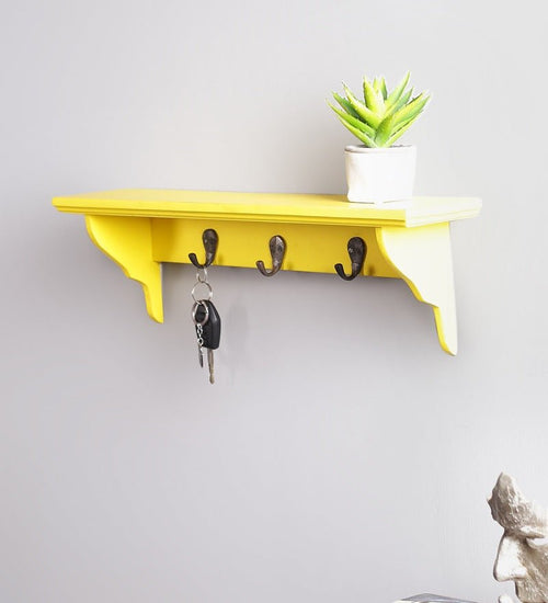 Mango Wood Floating Wall Shelf with Key Holder in Yellow colour - Furniselan