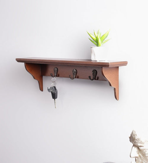 MDF Floating Wall Shelf With Key Holder in Brown Colour - Furniselan