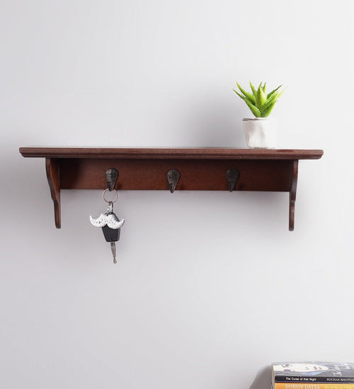MDF Floating Wall Shelf With Key Holder in Brown Colour - Furniselan