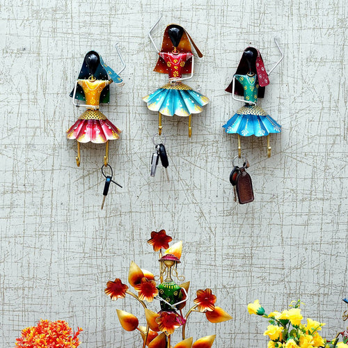 Multicolour Metal Dancing Lady (Set of 3) Key Holder - Furniselan