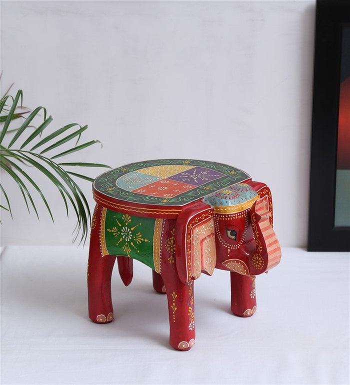 Multicolour Wood And MDF Painted Elephant Chowki Furniselan