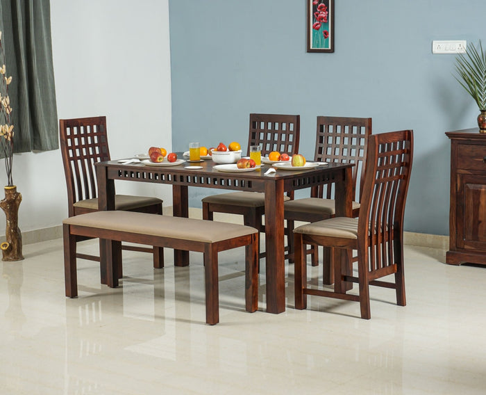 Oslo Sheesham Wood 6 Seater Dining Table Set with 4 Chair & 1 Bench for Dining Room - Dining Set - Furniselan