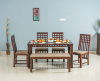 Oslo Sheesham Wood 6 Seater Dining Table Set with 4 Chair & 1 Bench for Dining Room - Dining Set - Furniselan - Rosewood-Fine-Finish