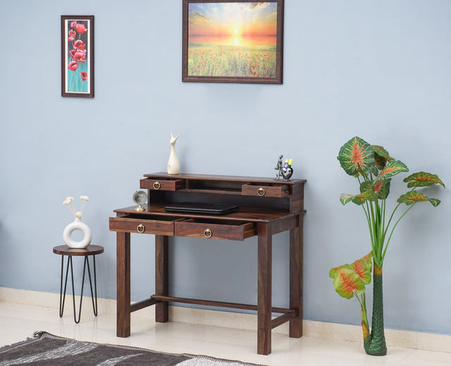 Oslo Solid Wood Study Table with Four Drawer - Study Table - Furniselan - Teak-Finish